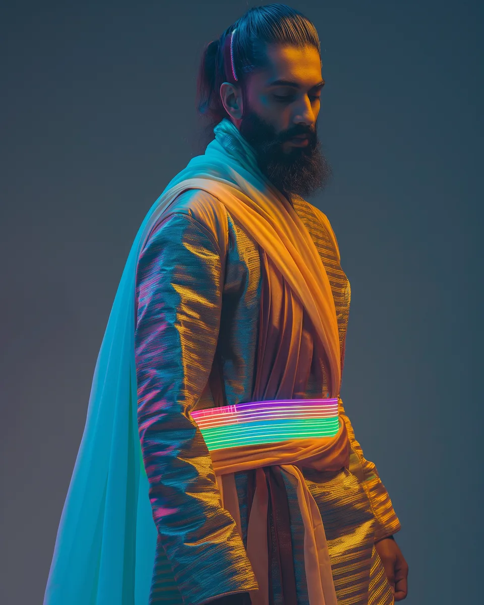 A model wearing sci-fi-inspired futuristic Indian fashion.